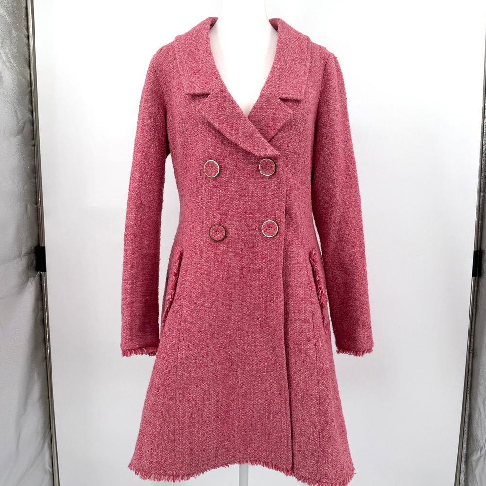 CAbi Pink Tweed Double Breasted Longline Pea Coat Jacket Womens 6